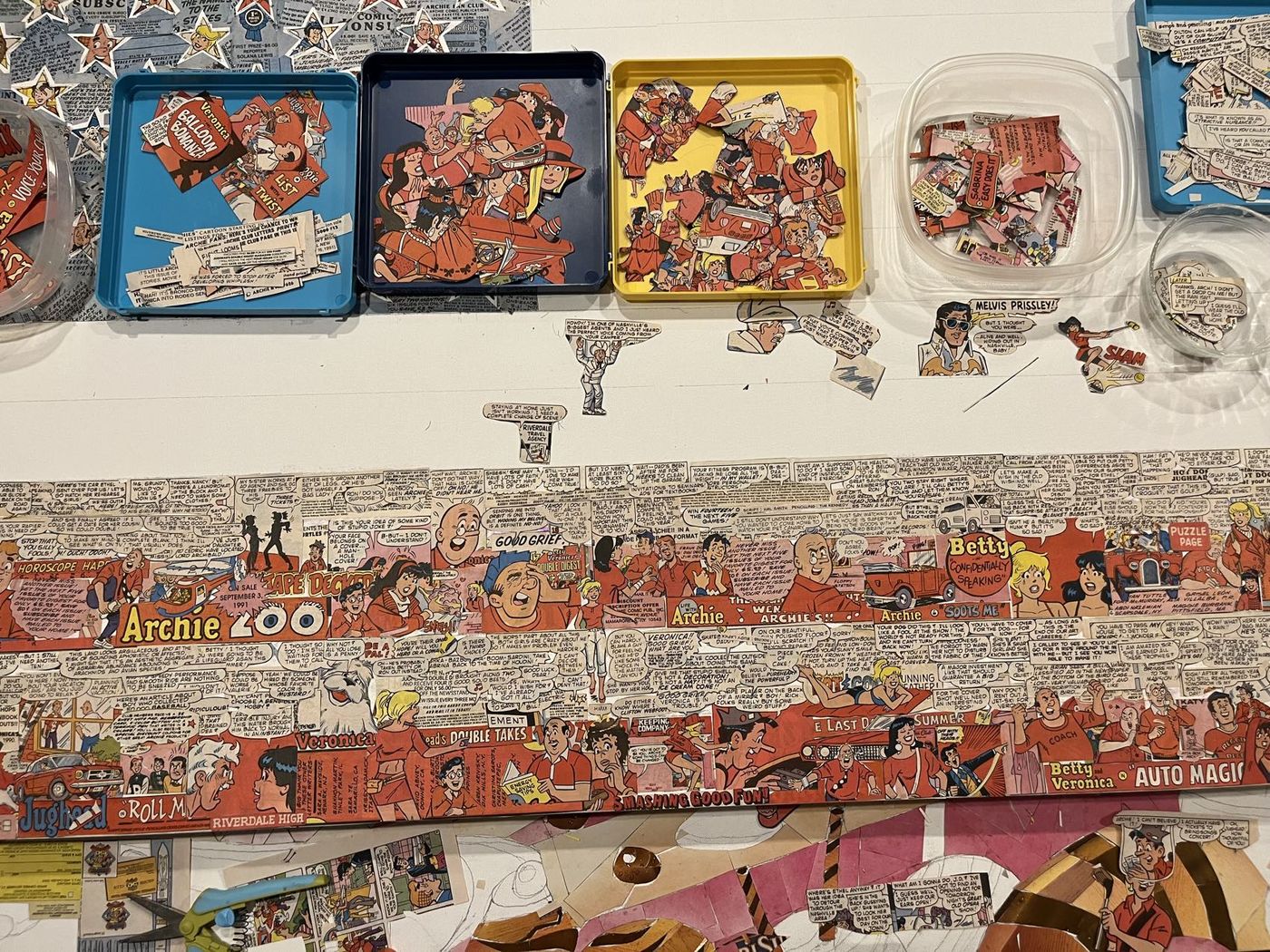 Cut fragments sorted into trays by color and character